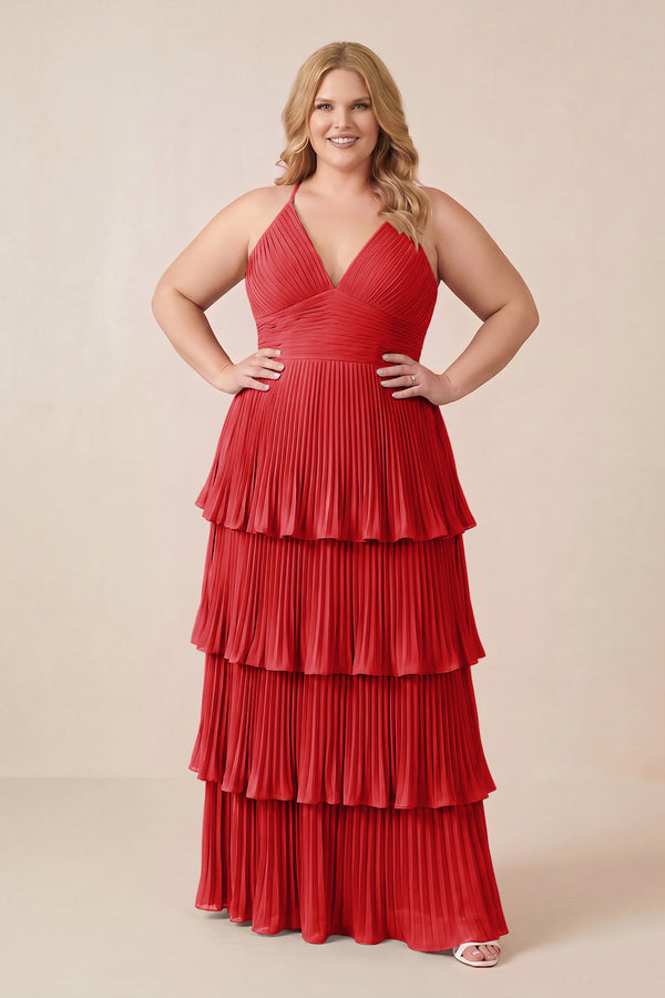 Ruby Red Tiered Pleated V-Neck A-Line Chiffon Bridesmaid Dress (3) [sizeplus] | KISSBRIDAL