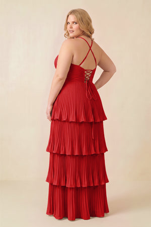 Ruby Red Tiered Pleated V-Neck A-Line Chiffon Bridesmaid Dress (4) [sizeplus] | KISSBRIDAL