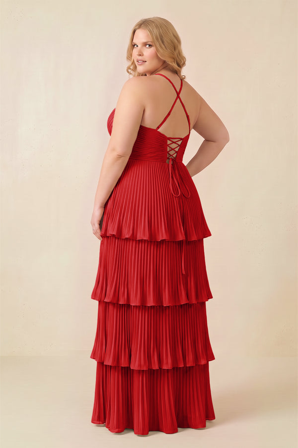 Ruby Red Tiered Pleated V-Neck A-Line Chiffon Bridesmaid Dress (4) [sizeplus] | KISSBRIDAL