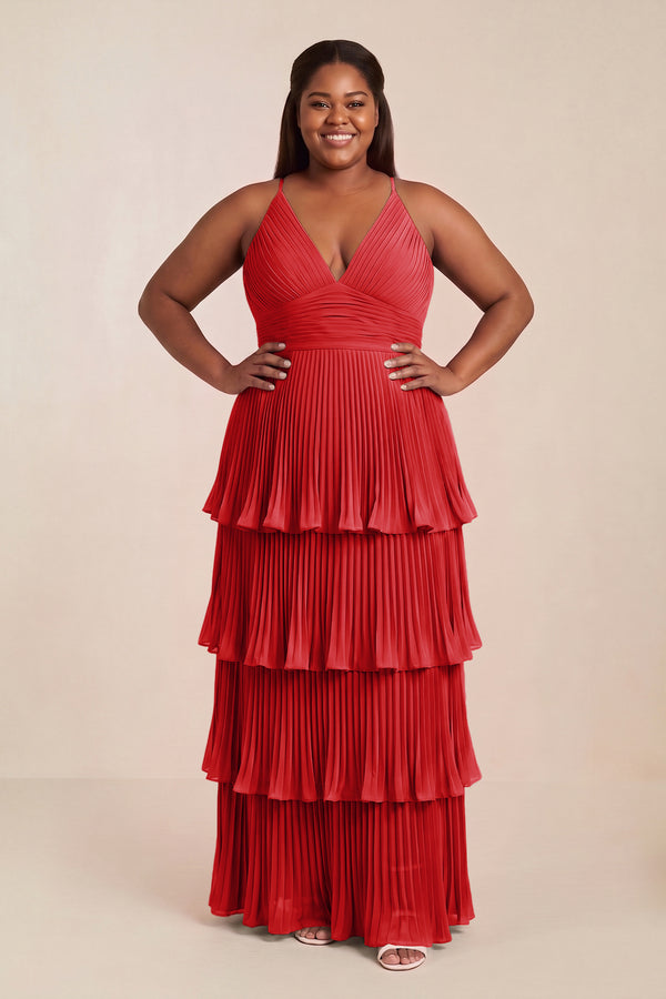 Ruby Red Tiered Pleated V-Neck A-Line Chiffon Bridesmaid Dress [sizeplus] | KISSBRIDAL