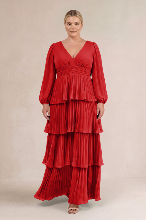 Ruby Red V-Neck Tiered A-Line Long Sleeve Bridesmaid Dress (3) [sizeplus] | KISSBRIDAL
