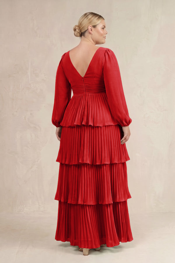 Ruby Red V-Neck Tiered A-Line Long Sleeve Bridesmaid Dress (4) [sizeplus] | KISSBRIDAL