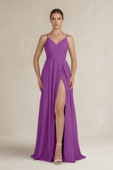 Ruched A - Line Chiffon Bridesmaid Dress with Slit in Amethyst - KISS BRIDAL Bridesmaid Dresses