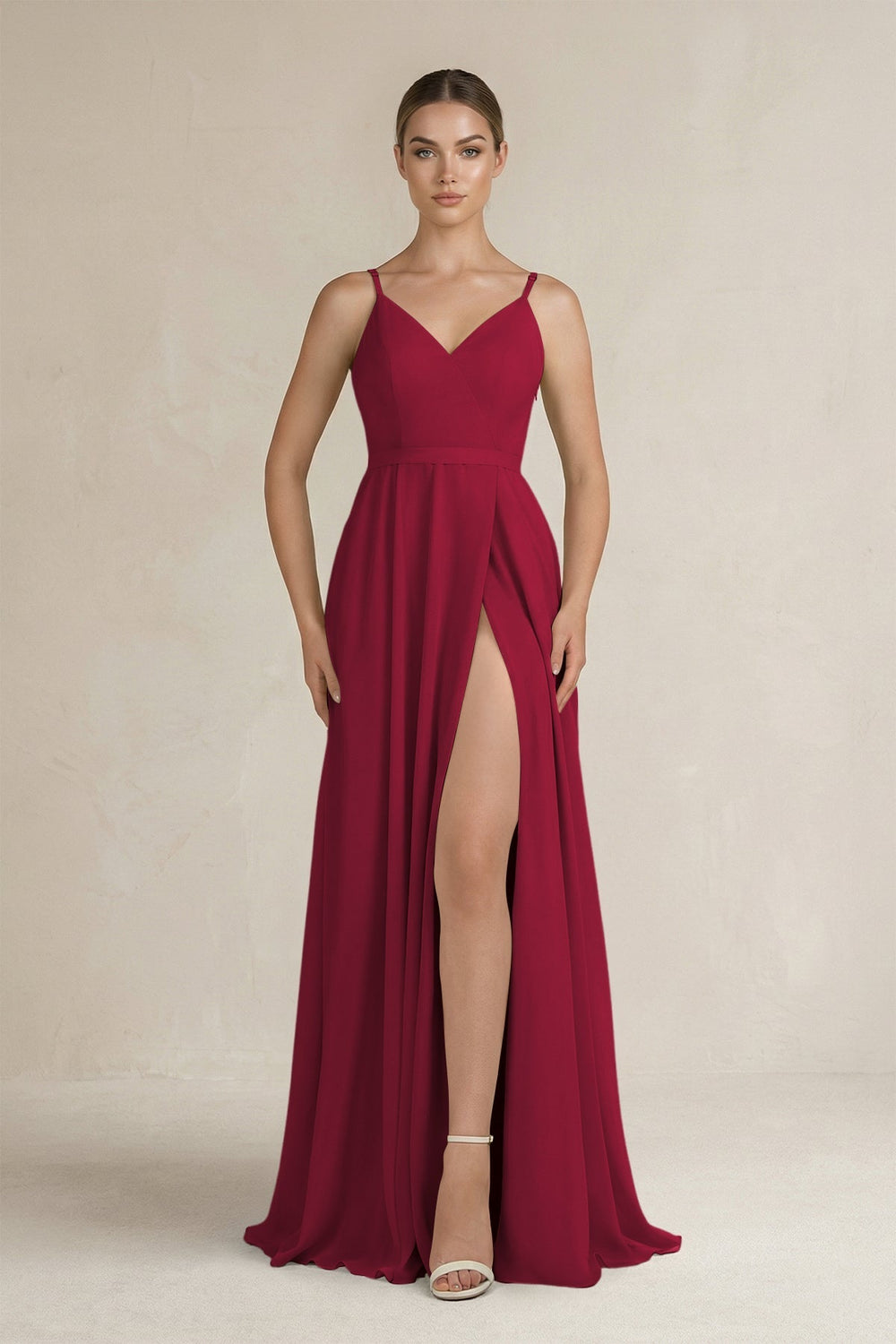 Ruched A - Line Chiffon Bridesmaid Dress with Slit in Berry - SHE IS ME Bridesmaid Dresses