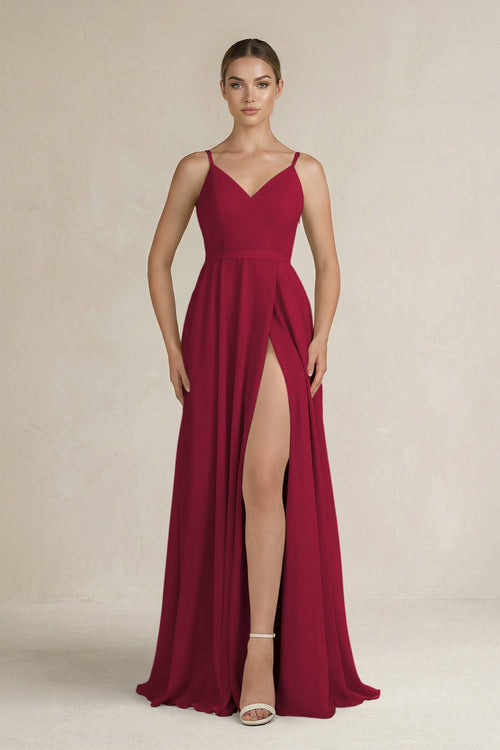 Ruched A - Line Chiffon Bridesmaid Dress with Slit in Berry - SHE IS ME Bridesmaid Dresses