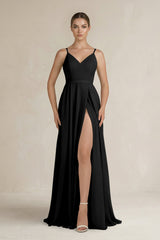Ruched A - Line Chiffon Bridesmaid Dress with Slit in Black - KISS BRIDAL Bridesmaid Dresses