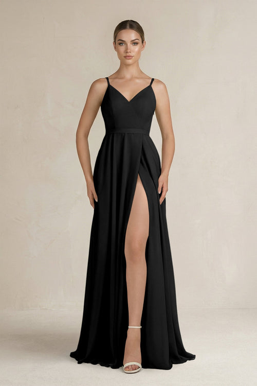 Ruched A - Line Chiffon Bridesmaid Dress with Slit in Black - SHE IS ME Bridesmaid Dresses