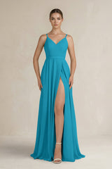 Ruched A - Line Chiffon Bridesmaid Dress with Slit in Blue Jay - KISS BRIDAL Bridesmaid Dresses