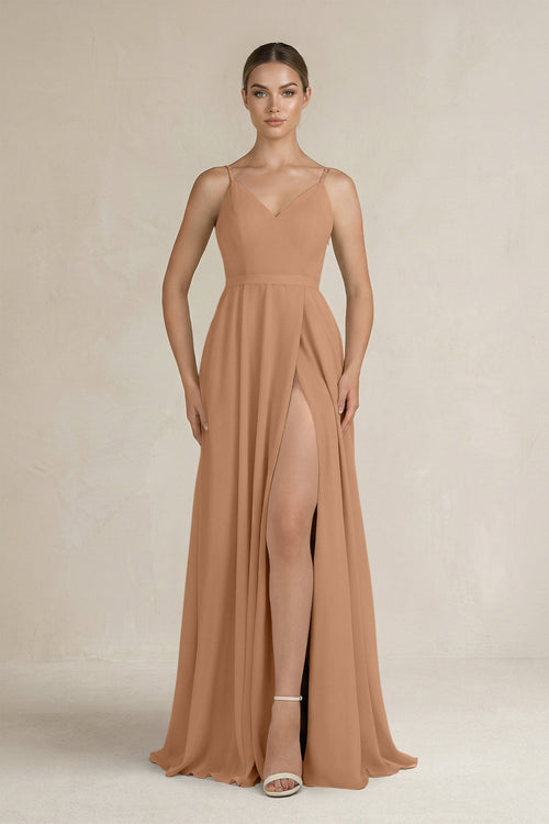 Ruched A - Line Chiffon Bridesmaid Dress with Slit in Bronzer - SHE IS ME Bridesmaid Dresses
