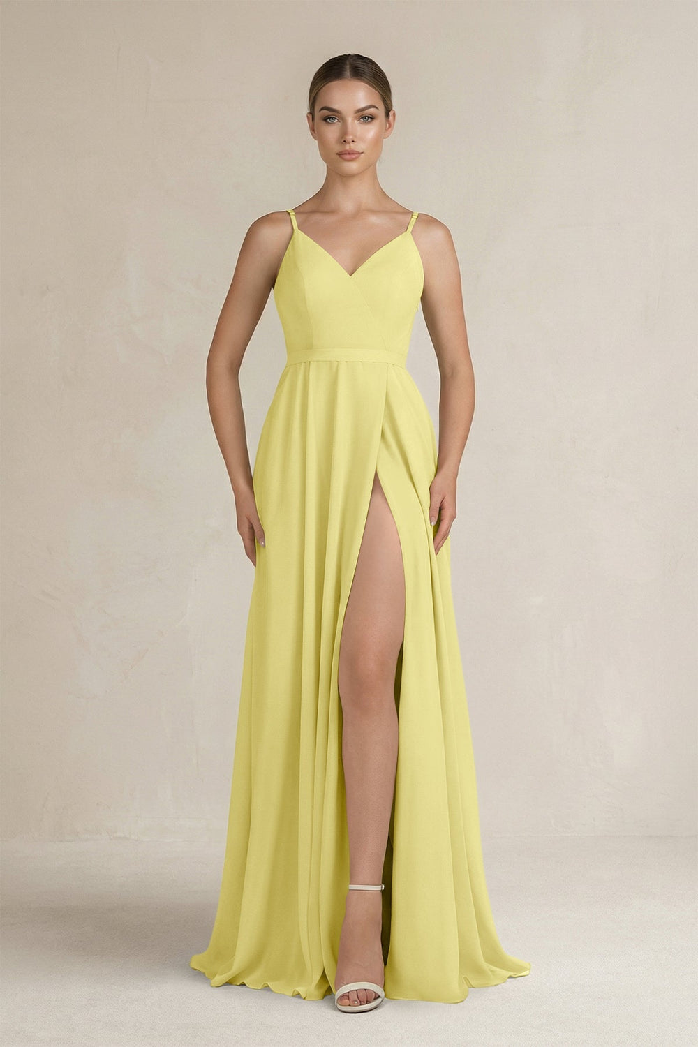 Ruched A - Line Chiffon Bridesmaid Dress with Slit in Buttercup - SHE IS ME Bridesmaid Dresses