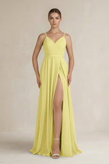Ruched A - Line Chiffon Bridesmaid Dress with Slit in Buttercup - KISS BRIDAL Bridesmaid Dresses