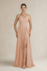 Ruched A - Line Chiffon Bridesmaid Dress with Slit in Champagne Rose - KISS BRIDAL Bridesmaid Dresses