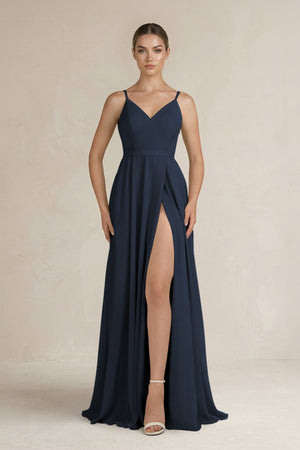 Ruched A - Line Chiffon Bridesmaid Dress with Slit in Dark Navy - SHE IS ME Bridesmaid Dresses