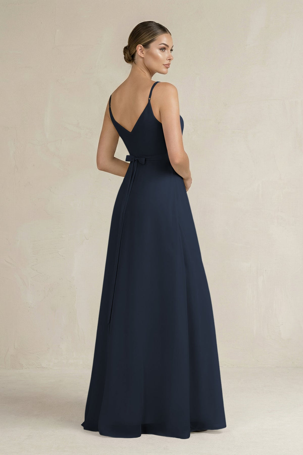 Ruched A - Line Chiffon Bridesmaid Dress with Slit in Dark Navy - SHE IS ME Bridesmaid Dresses
