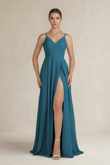 Ruched A - Line Chiffon Bridesmaid Dress with Slit in Dark Teal - KISS BRIDAL Bridesmaid Dresses