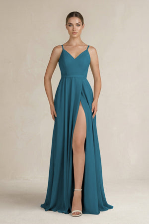 Ruched A - Line Chiffon Bridesmaid Dress with Slit in Dark Teal - SHE IS ME Bridesmaid Dresses