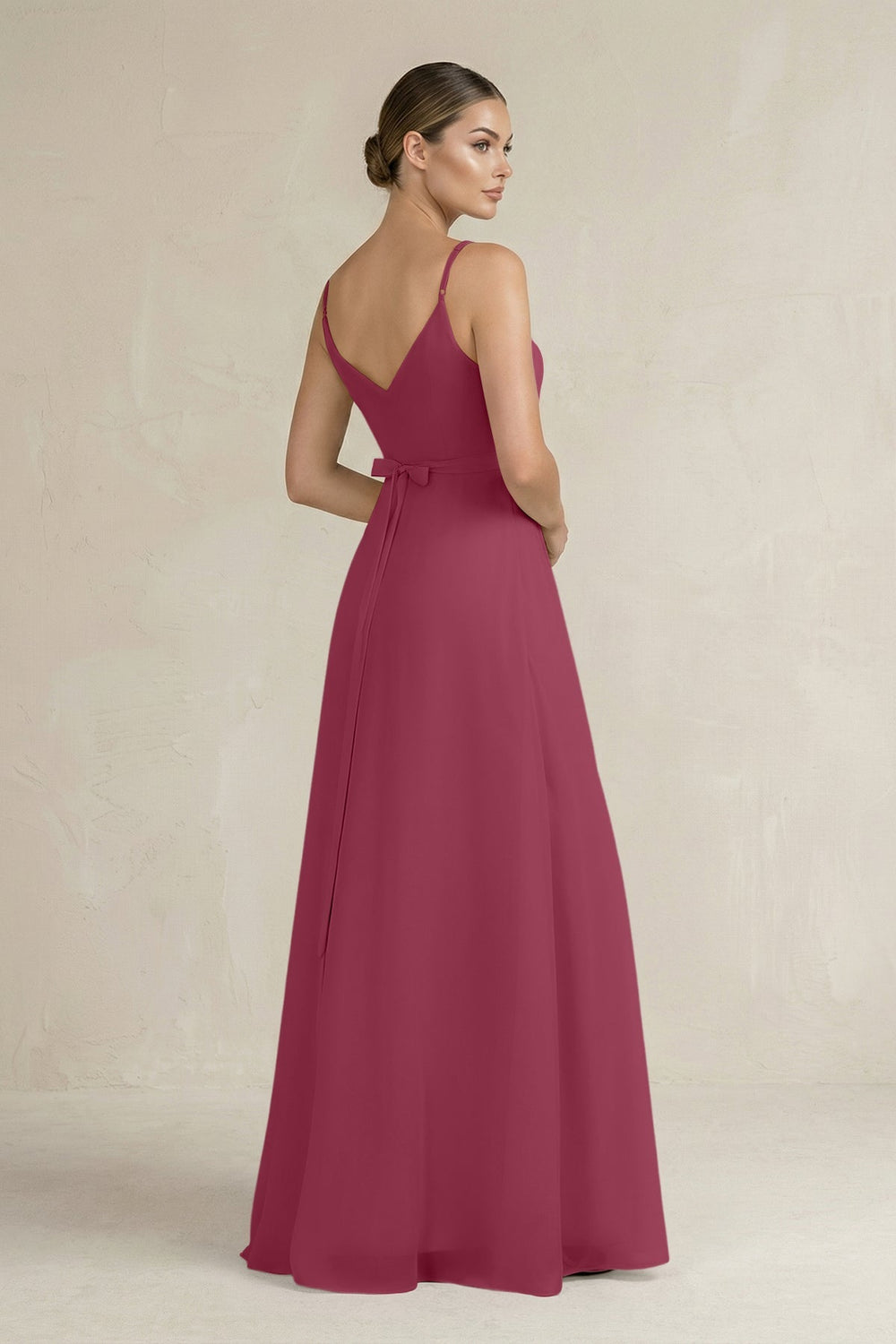 Ruched A - Line Chiffon Bridesmaid Dress with Slit in Desert Rose - SHE IS ME Bridesmaid Dresses