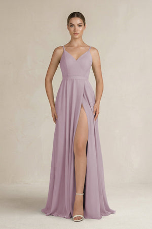 Ruched A - Line Chiffon Bridesmaid Dress with Slit in Dusk - SHE IS ME Bridesmaid Dresses