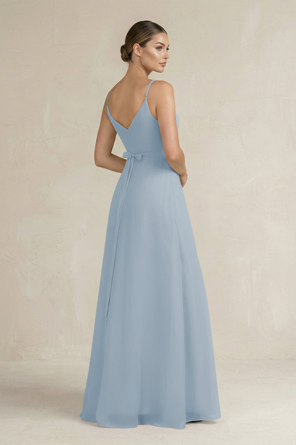 Ruched A - Line Chiffon Bridesmaid Dress with Slit in Dusty Blue - SHE IS ME Bridesmaid Dresses