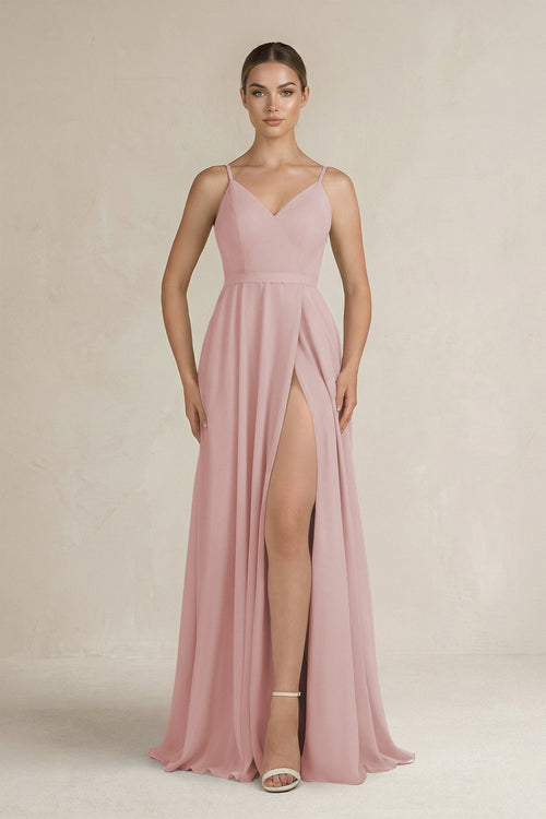Ruched A - Line Chiffon Bridesmaid Dress with Slit in Dusty Rose - SHE IS ME Bridesmaid Dresses