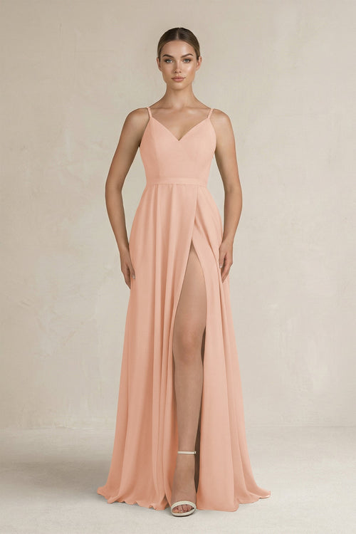 Ruched A - Line Chiffon Bridesmaid Dress with Slit in English Rose - SHE IS ME Bridesmaid Dresses