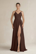 Ruched A - Line Chiffon Bridesmaid Dress with Slit in Espresso - SHE IS ME Bridesmaid Dresses