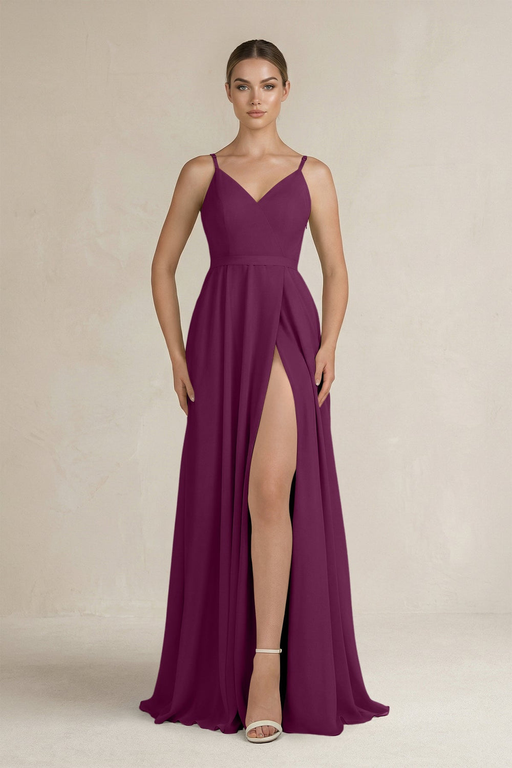 Ruched A - Line Chiffon Bridesmaid Dress with Slit in Fig - SHE IS ME Bridesmaid Dresses