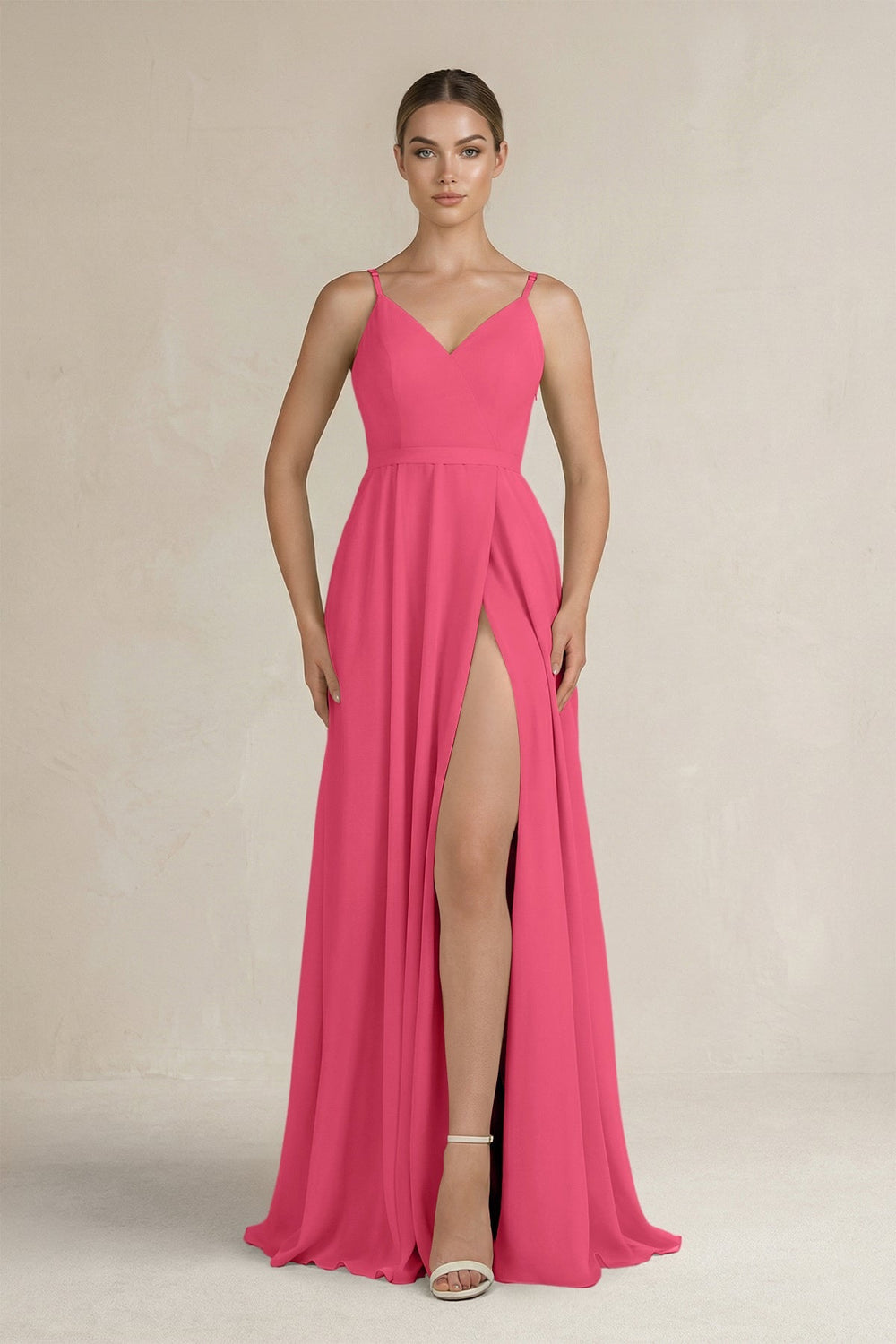 Ruched A - Line Chiffon Bridesmaid Dress with Slit in Fuchsia - SHE IS ME Bridesmaid Dresses