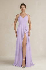 Ruched A - Line Chiffon Bridesmaid Dress with Slit in Lavender - KISS BRIDAL Bridesmaid Dresses