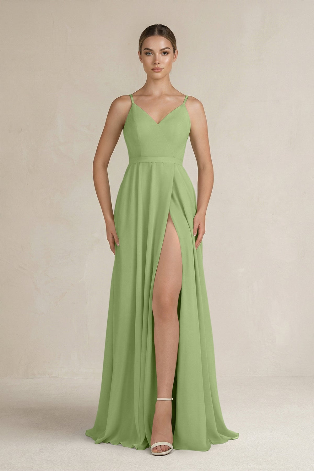 Ruched A - Line Chiffon Bridesmaid Dress with Slit in Matcha - SHE IS ME Bridesmaid Dresses