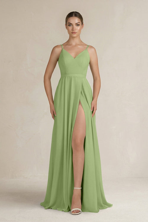 Ruched A - Line Chiffon Bridesmaid Dress with Slit in Matcha - SHE IS ME Bridesmaid Dresses