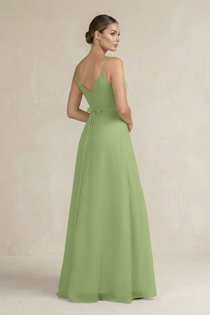 Ruched A - Line Chiffon Bridesmaid Dress with Slit in Matcha - SHE IS ME Bridesmaid Dresses