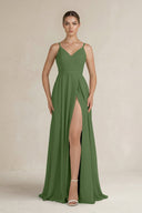 Ruched A - Line Chiffon Bridesmaid Dress with Slit in Moss - SHE IS ME Bridesmaid Dresses