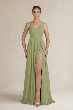 Ruched A - Line Chiffon Bridesmaid Dress with Slit in Moss Green - SHE IS ME Bridesmaid Dresses