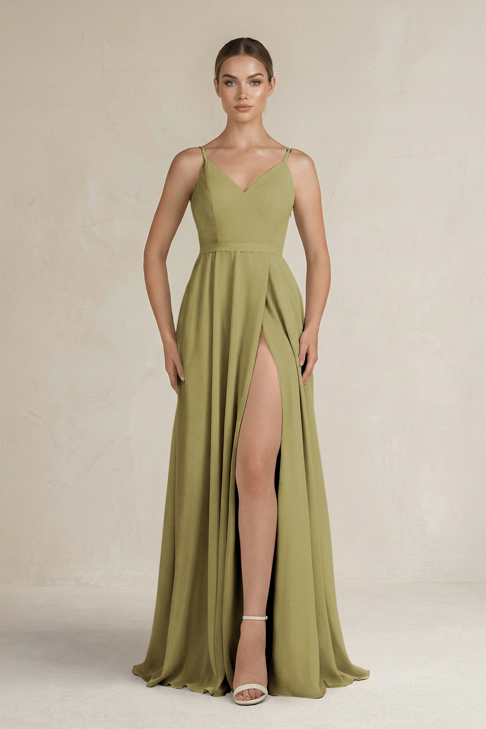 Ruched A-Line Chiffon Bridesmaid Dress with Slit in Moss Green
