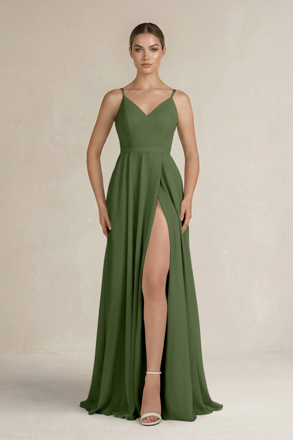 Ruched A-Line Chiffon Bridesmaid Dress with Slit in Moss