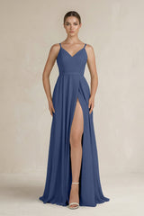 Ruched A - Line Chiffon Bridesmaid Dress with Slit in Navy - KISS BRIDAL Bridesmaid Dresses