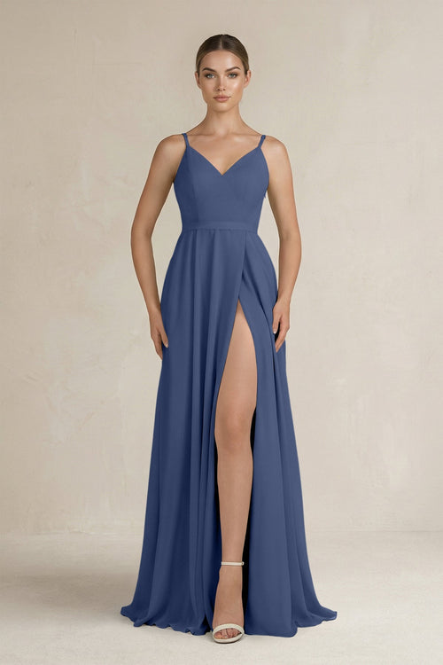 Ruched A - Line Chiffon Bridesmaid Dress with Slit in Navy - SHE IS ME Bridesmaid Dresses