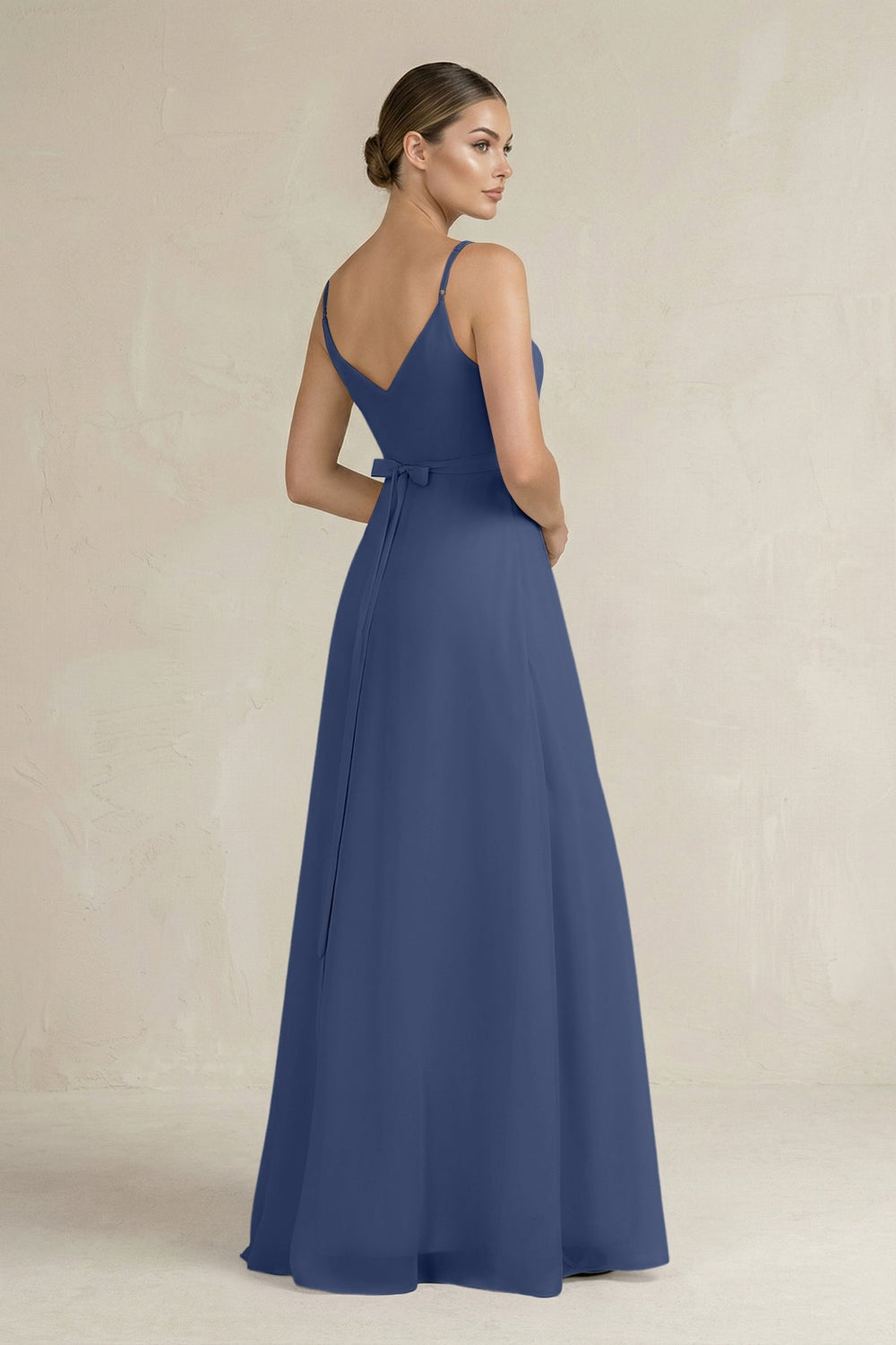 Ruched A - Line Chiffon Bridesmaid Dress with Slit in Navy - SHE IS ME Bridesmaid Dresses