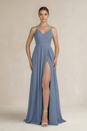 Ruched A - Line Chiffon Bridesmaid Dress with Slit in Neptune - SHE IS ME Bridesmaid Dresses