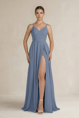 Ruched A - Line Chiffon Bridesmaid Dress with Slit in Neptune - KISS BRIDAL Bridesmaid Dresses