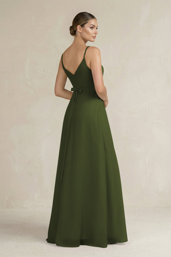 Ruched A - Line Chiffon Bridesmaid Dress with Slit in Olive - SHE IS ME Bridesmaid Dresses