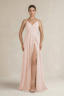 Ruched A - Line Chiffon Bridesmaid Dress with Slit in Pale Blush - SHE IS ME Bridesmaid Dresses
