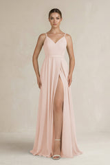 Ruched A - Line Chiffon Bridesmaid Dress with Slit in Pale Blush - KISS BRIDAL Bridesmaid Dresses