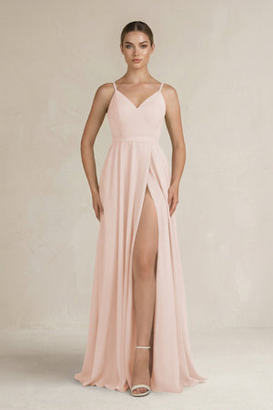 Ruched A - Line Chiffon Bridesmaid Dress with Slit in Pale Blush - SHE IS ME Bridesmaid Dresses