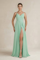 Ruched A-Line Chiffon Bridesmaid Dress with Slit in Pale Pistachio - SHE IS ME BRIDESMAID DRESSES