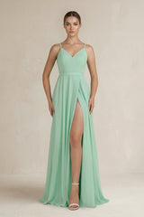 Ruched A-Line Chiffon Bridesmaid Dress with Slit in Pale Pistachio - KISS BRIDAL BRIDESMAID DRESSES