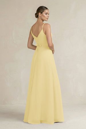 Ruched A - Line Chiffon Bridesmaid Dress with Slit in Pastel Yellow - SHE IS ME Bridesmaid Dresses
