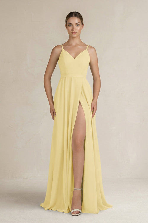Ruched A - Line Chiffon Bridesmaid Dress with Slit in Pastel Yellow - SHE IS ME Bridesmaid Dresses