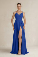 Ruched A - Line Chiffon Bridesmaid Dress with Slit in Royal Blue - SHE IS ME Bridesmaid Dresses